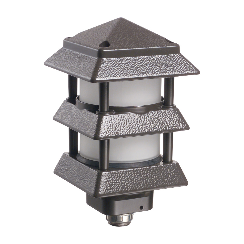 Pagoda style landscape light fixture. three wire fixtures for our Gard-N-Post line. Cast aluminum. Color Brown. Uses maximum a 40 watt halogen, 40 watt incandescent or a 14 watt fluorescent bulb. Not Included. Short Louvers allow for more of the lens to be seen.