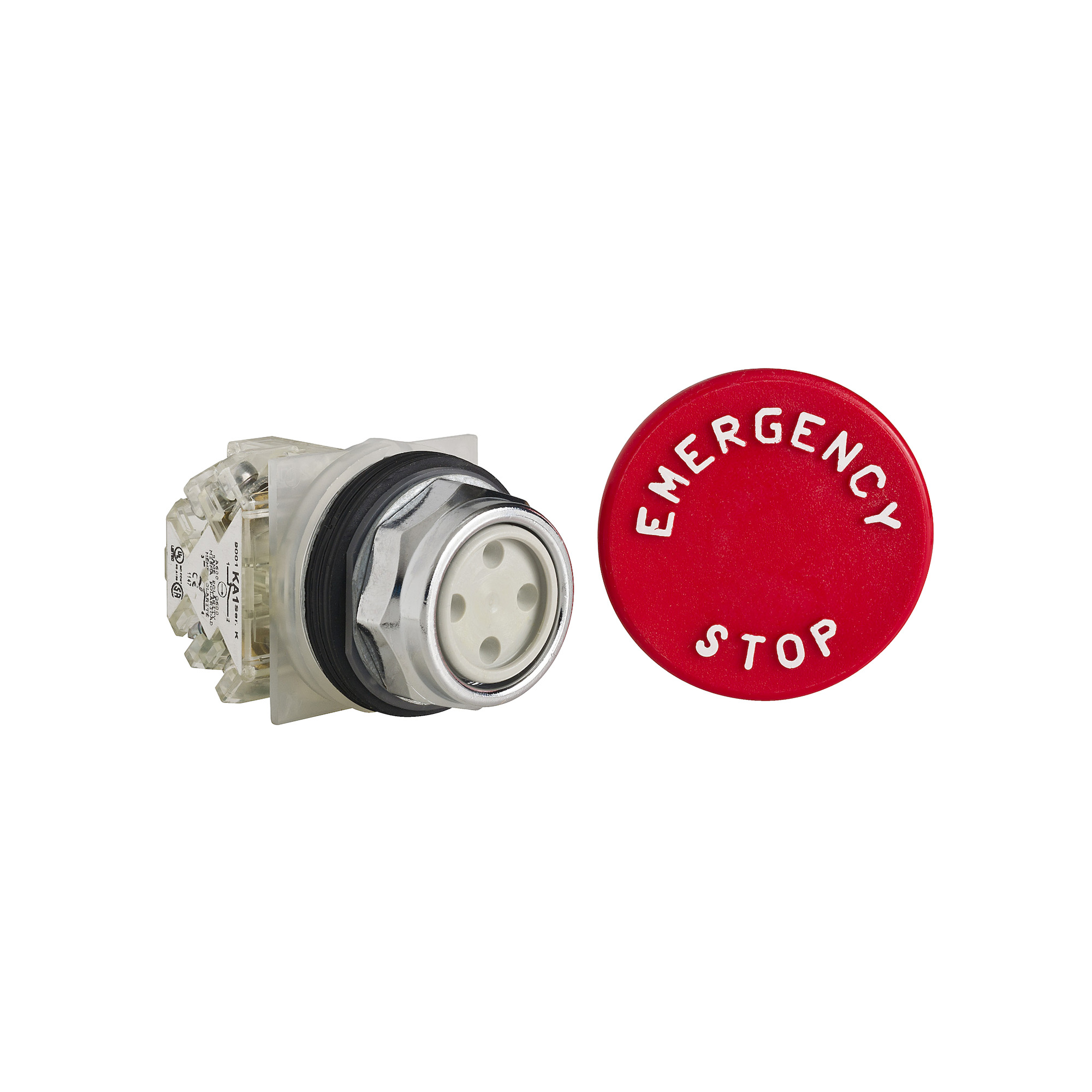Push-button, Harmony 9001K, metal, snap-in plastic mushroom 57mm, red, 30mm, spring return, 1 C/O
