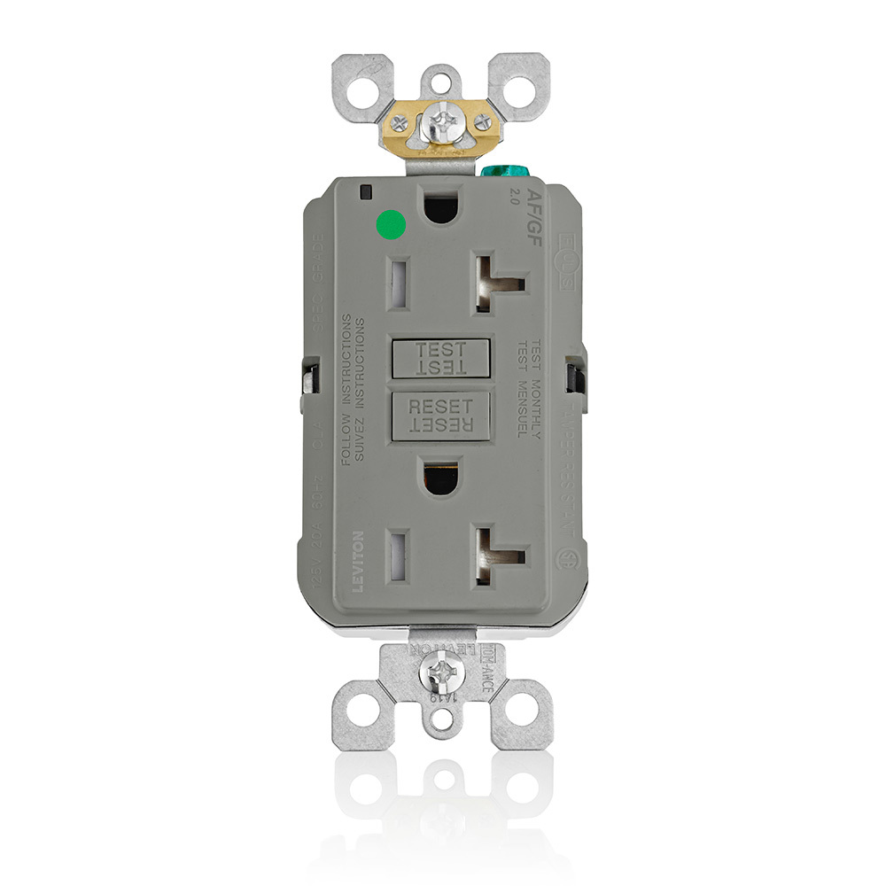 HOSPITAL GRADE AFCI/SELF-TEST GFCI TAMPER RESISTANT RECEPTACLE. NEMA 5-20R 20A-125VAC   RECEPTACLE  20A-125VAC FEED THROUGH  LIGHTED, COF GRAY, W/GRAY TEST AND RESET BUTTON. WITH MOUNTING SCREWS, WASHERS, INSTRUCTION SHEETS AND SELF-GROUND CLIP
