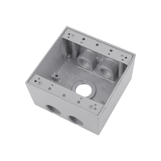 Two Gang Deep Universal Weatherproof Box, 31.8 Cubic Inches, Hub Size 1 Inch, Silver, Aluminum, 7 Outlets (2-Sides) with 2 on Top and Bottom and 1 on Both Sides, and Back