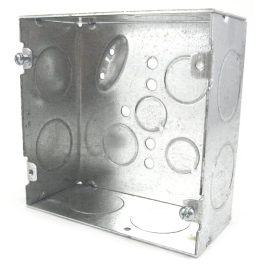 Square Box, 42 Cubic Inches, 4-11/16 Inches Square x 2-1/8 Inches Deep, 1 Inch Eccentric Knockouts, Pre-Galvanized Steel, Welded Construction, For use with Conduit