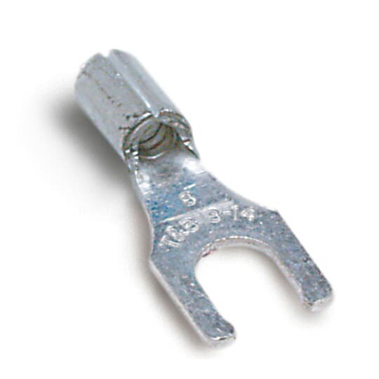 Non-Insulated Locking Fork Terminal, Length .75 Inches, Width .29 Inches, Bolt Hole #8, Wire Range #22-#16 AWG, Copper, Tin Plated