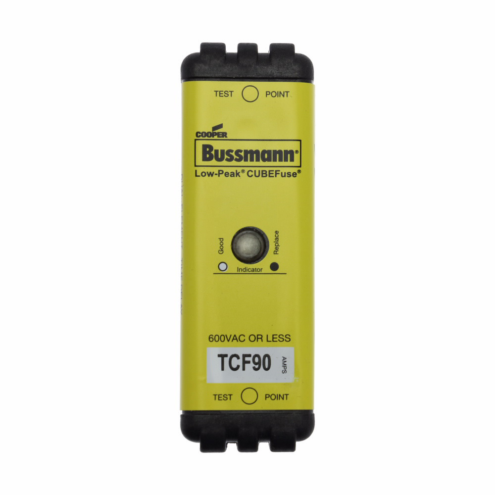 Eaton Bussmann series TCF fuse, Finger safe, 600 Vac/300 Vdc, 90A, 300 kAIC at 600 Vac, 100 kAIC at 300 Vdc, Indicating, Time delay, inrush current withstand, Class CF, CUBEFuse, Glass filled PES