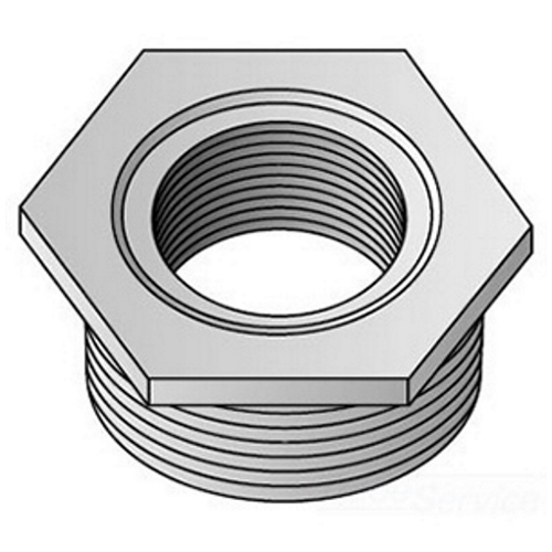 OZ-Gedney Type 300R Hex Reducing Bushing, Size: 3/4 X 1/2 IN, Malleable Iron, Finish: Zinc Electroplated, Connection: Threaded, 1-7/16 IN Width Across Corners, 5/8 IN Thread Length, Flange Thickness: 3/16 IN, Third Party Certification: UL File Numbe