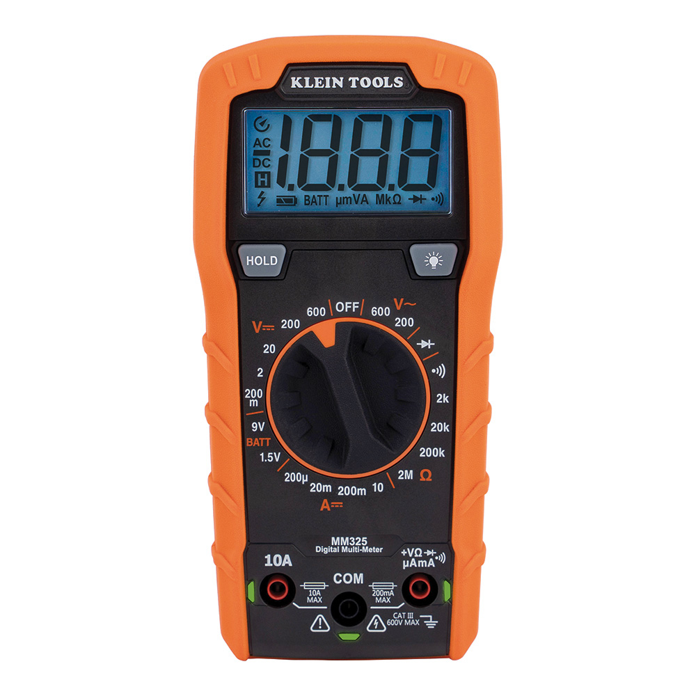Klein Tools MM325 Multimeter is a manual-ranging multimeter that measures AC/DC voltage, DC current, and resistance. It can also test batteries, diodes, and continuity. Klein Tools' Test and Measurement product line was exclusively designed from the ground up by electricians for electricians. Years of field research, combined with extensive input from electricians across America, inspired the development of meters and electrical testers loaded with innovative, time-saving features.