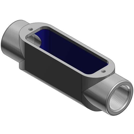 BlueKote Thru-Feed Form 8  1 Inch Conduit Body, Body Material Gray Iron with Zinc Plating and Baked On Epoxy Powder Coat with BlueKote Internal Coating for Use with Rigid/IMC Conduit