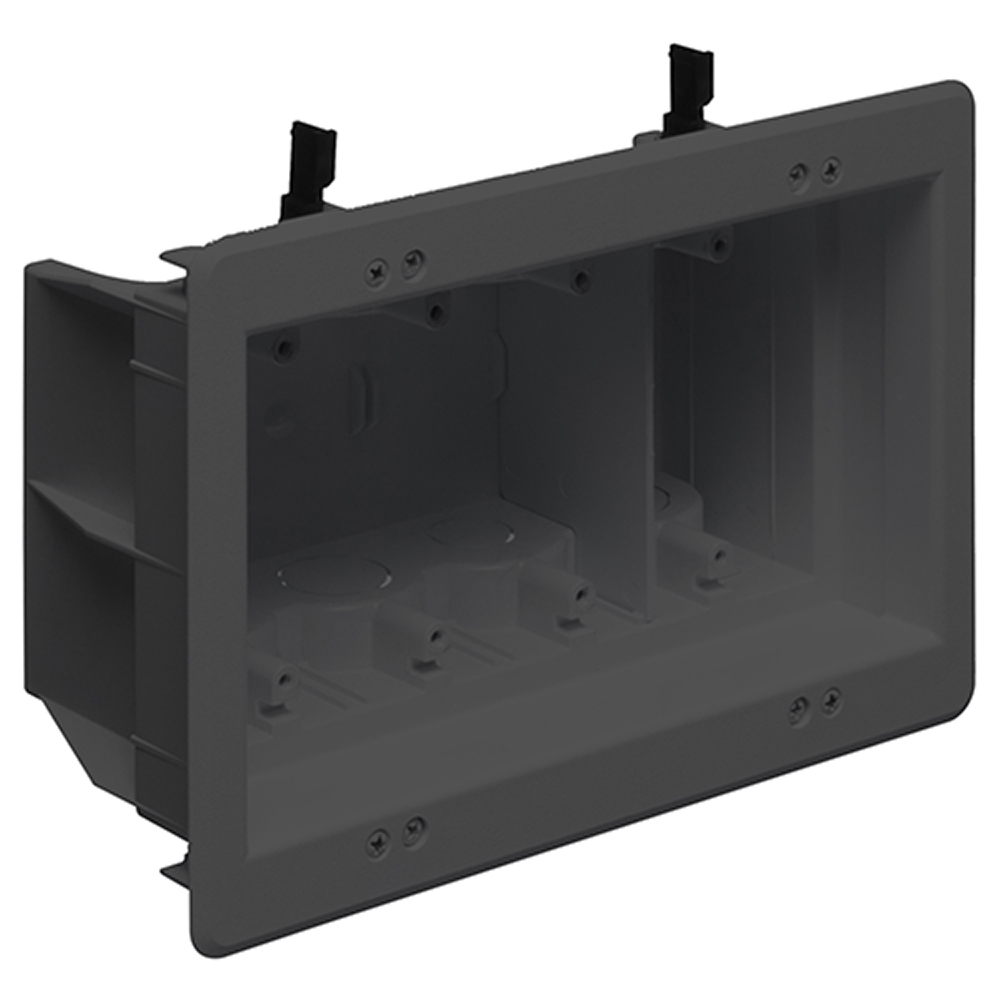 Arlington's non-metallic recessed indoor InBox allows items such as furniture or televisions to be placed closer to the wall. Our InBox uses mounting wings to attach to the wall, so it is ideal for new or retrofit construction. This four gang 64.5 cubic inch InBox comes in black, is UL listed, and has a two hour fire rating. It comes with the recessed box, trim plate, wall plates, low voltage divider, and mounting/installation screws.