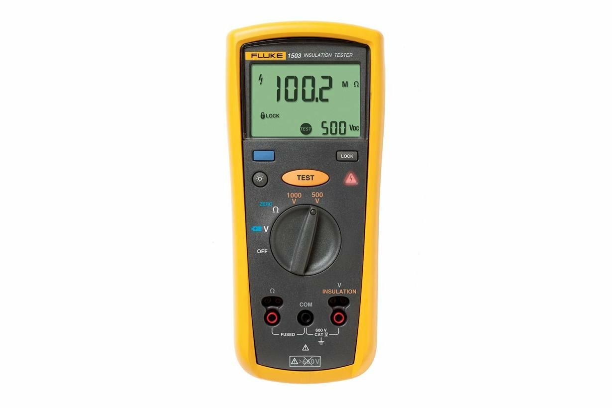 The Fluke 1503 Insulation Tester is compact, rugged, reliable, and easy to use. With its multiple test voltages, it is ideal for many troubleshooting, commissioning, and preventative maintenance applications. Additional features, such as the remote probe on this tool, saves both time and money when performing tests. Insulation test range: 0.01 MO to 2000 MO, Insulation test voltages: 500 V, 1000 V.