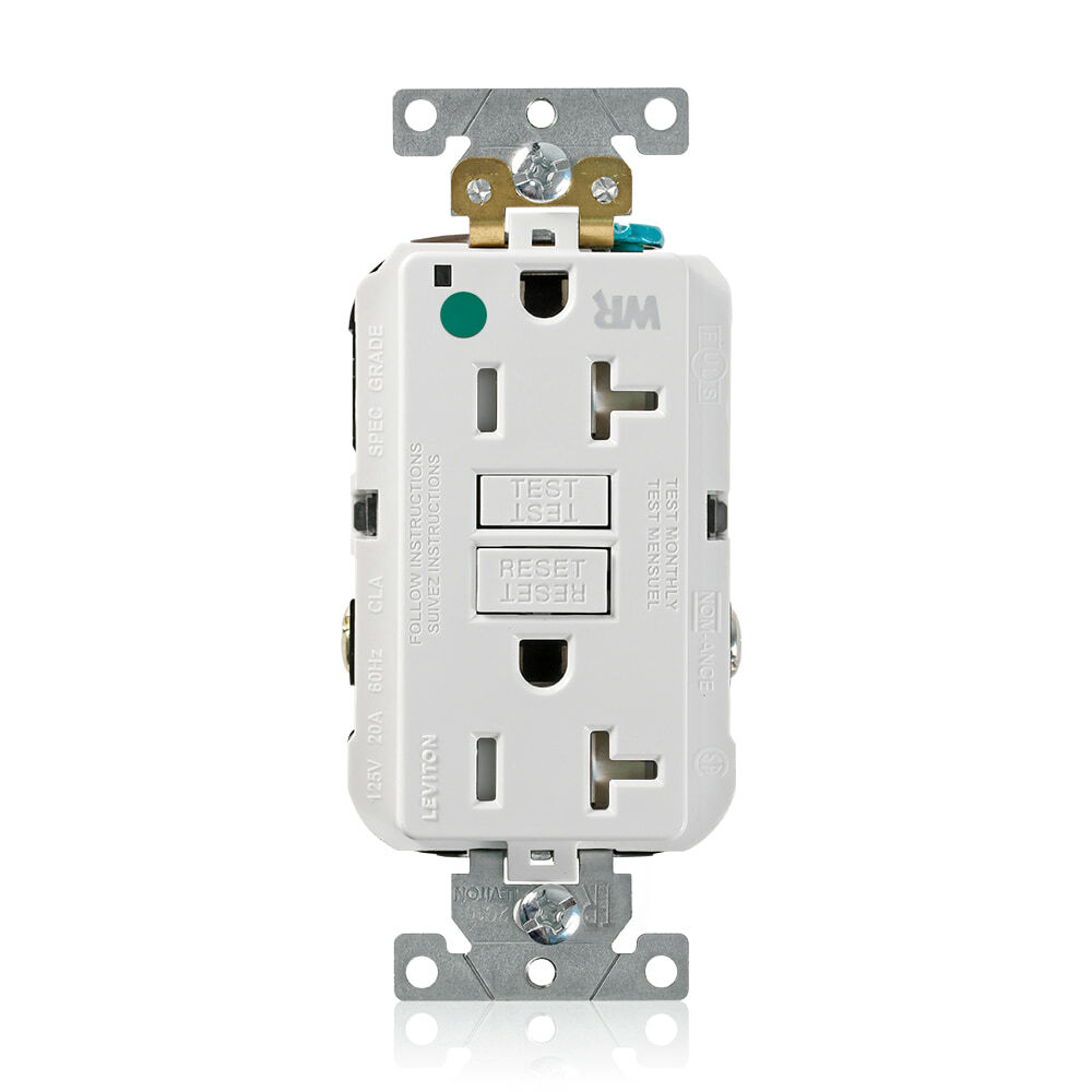 20 Amp, 125 Volt, SmartlockPro Self-Test GFCI Duplex Receptacle , NEMA 5-20R, 2P, 3W, Extra-Heavy Duty Hospital Grade, Weather & Tamper-Resistant, 20A Feed-Through, Back or Side Wired - WHITE