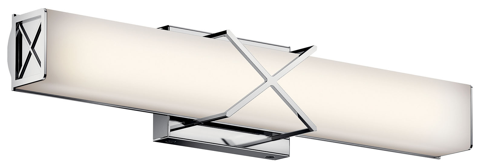 The Trinsic(TM) 22in; LED light vanity light features an updated classic look with its in;Xin; pattern detail in Chrome finish and satin etched white glass. The Trinsic vanity light works perfect in a bathroom or powder room that has a traditional or modern look.