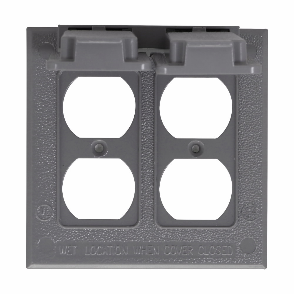 Eaton Crouse-Hinds series weatherproof self-closing cover, Gray, Die cast aluminum, Two-gang, Two duplex receptacles, switches or combination device