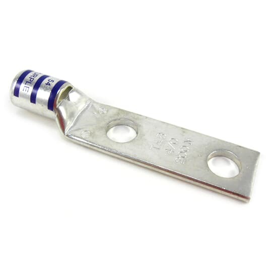 Copper Two-Hole Lug, Standard Barrel, Peep Hole, Max 35kV, Wire Size 4/0 AWG, 3/8 Inch Bolt Size, 1 Inch Hole Spacing, Tin Plated, Die Code 54, Die Color Code Purple
