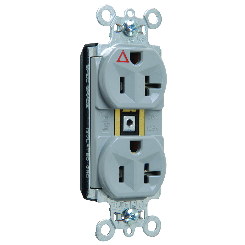PlugTail Isolated Ground Spec Grade Duplex Receptacle 20amp 125volt Gray