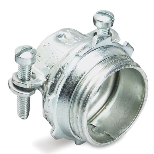 Sheathed Cable Fitting, Straight, Knockout Size 1-1/2 Inch, Two Screw Connector, Malleable Iron with Zinc Plating