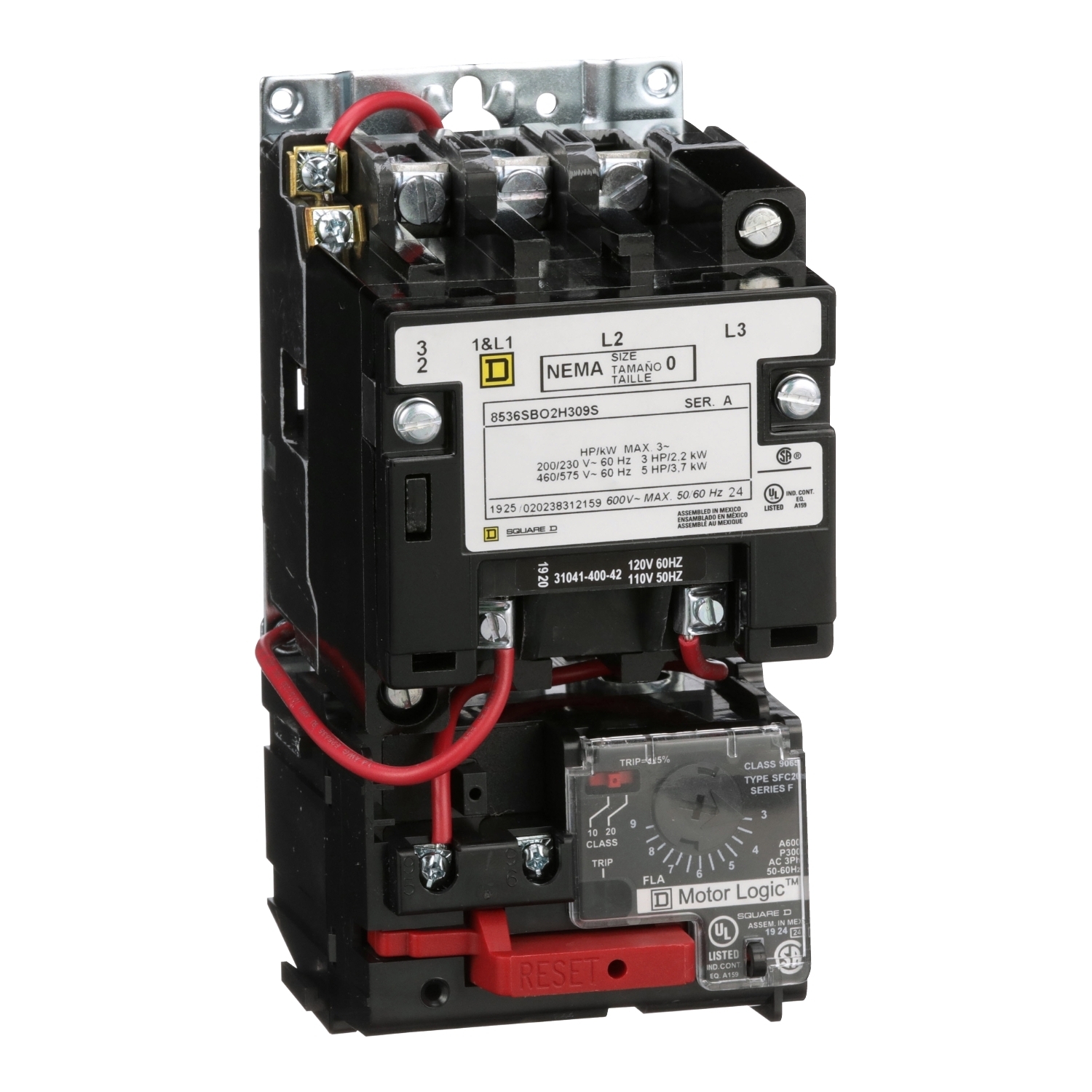 NEMA motor starter, Type S, nonreversing, Size 0, 18A, 5HP at 460VAC, up to 100kA SCCR, 3 phase, 3 pole, Motor Logic, 120VAC coil, open [TAA]