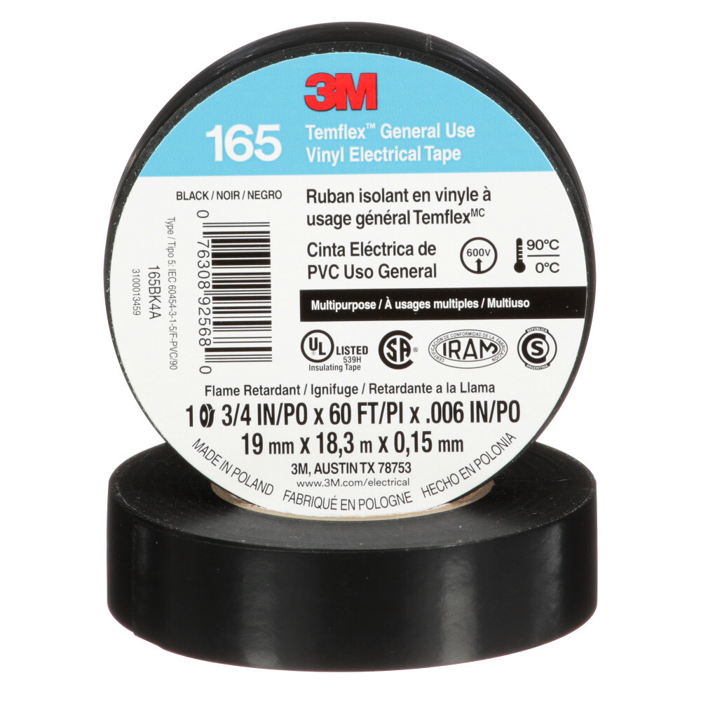 7100169254 TemFlex Vinyl Electrical Tape 165, 3/4 inch x 60 ft, Black