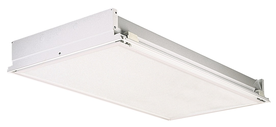 2' wide Recessed Cleanroom Trouffer, Class 10,000 , Grid, 1-1/2'' wide, Four lamps, 32W T8 (48''), Flush aluminum, white, #12 pattern acrylic, .125'' thick, inverted, 120V-277V, One 4-lamp ballast, T8 electronic ballast, SKU - 777403