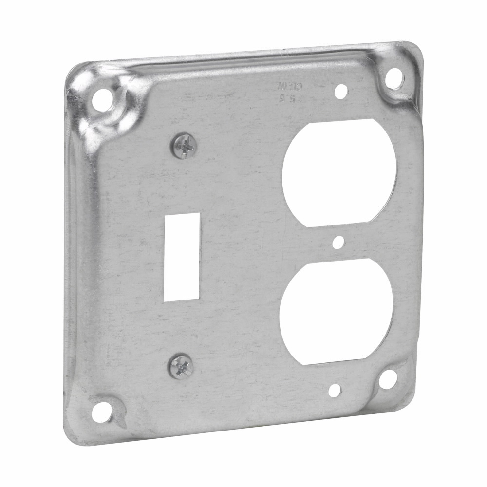 Eaton Crouse-Hinds series Square Surface Cover, 4", Raised surface, Steel, For one toggle switch and one duplex receptacle, 5.5 cubic inch capacity