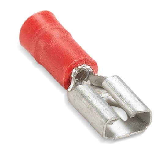 Vinyl-Insulated Female Disconnect, Length .96 Inches, Width .29 Inches, Maximum Insulation .150, Tab Size .250x.032, Wire Range #22-#18 AWG, Color Red, Copper, Tin Plated