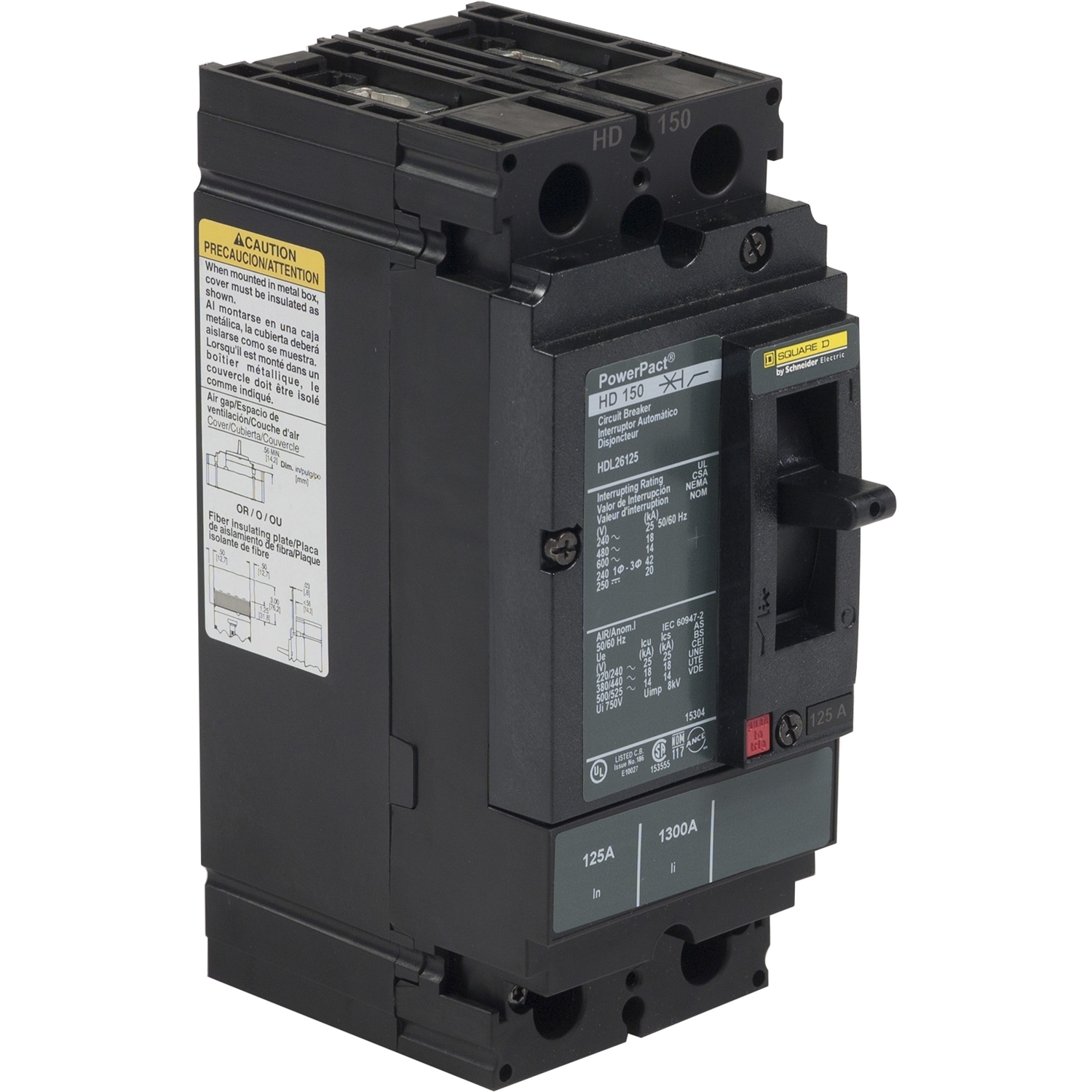 Circuit breaker, PowerPacT H, 125A, 2 pole, 600VAC, 18kA, lugs, thermal magnetic, 80%