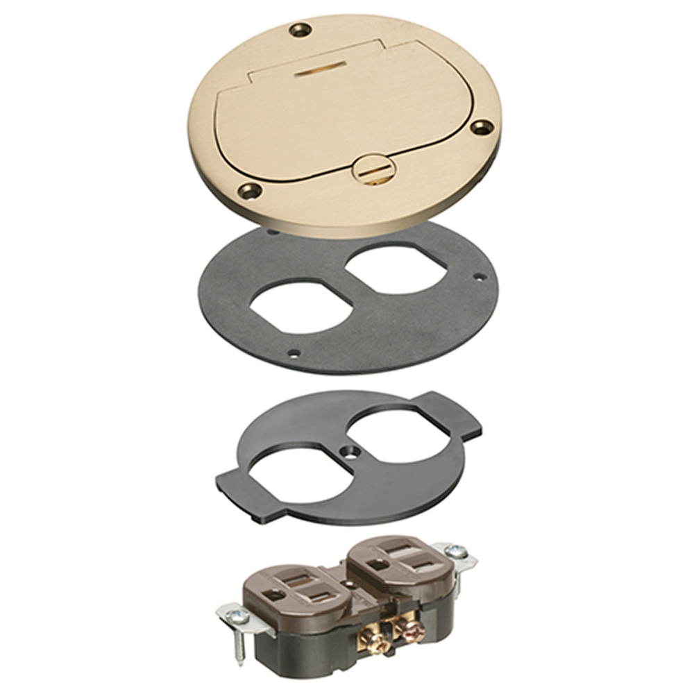 Trim kit for Arlington's FLB3500 cut in box, Includes cover, gasket and receptacle. Metallic Brass.