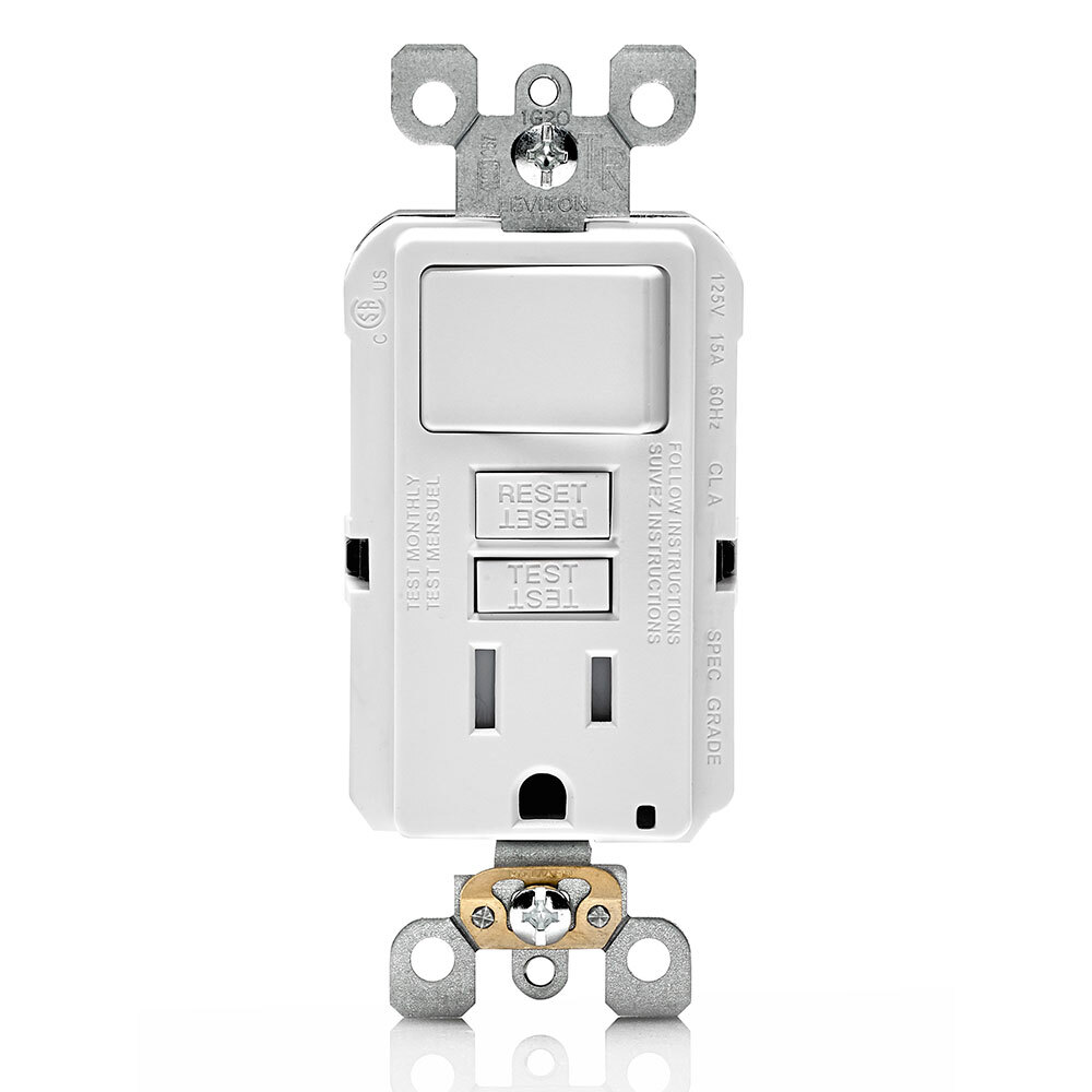 15A-125V, Tamper-Resistant, Self-test SmartlockPro Combination GFCI single receptacle/outlet with a switch, without wallplate/faceplate, monochromatic  WHITE