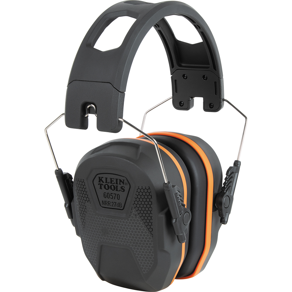 The Klein Tools Slim Over-The-Head Earmuffs offer a low-profile and lightweight solution for hearing protection, providing 27dB of noise reduction. The soft-foam cushions provide an effective acoustic seal and comfortable all-day wear. Venting in the headband allows for improved air flow when working in warm climates.