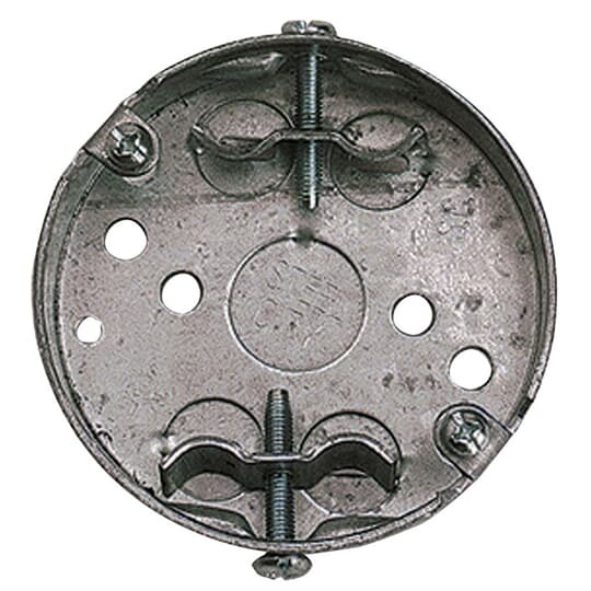 Round Box, 5.5 Cubic Inches, 3-1/4 Inch Diameter, 3/4 Inch Deep, Pre-Galvanized Steel, Drawn Construction with 1/2 Inch Knockouts, with Non-Metallic Sheathed Cable Clamp (C-10)