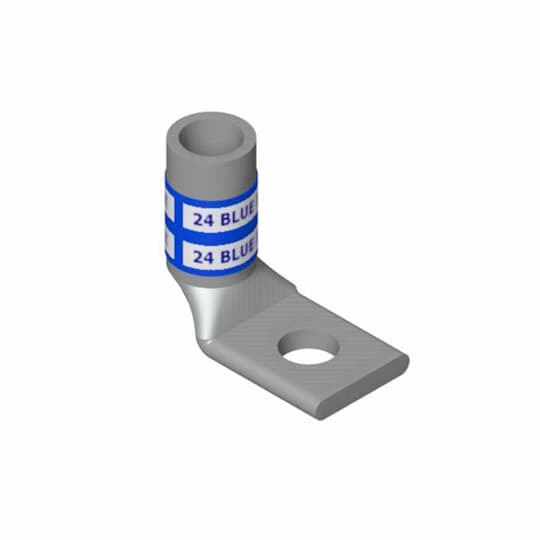 Copper One-Hole Lug, 90 Degree Bend Standard Barrel, Peep Hole, Max 35kV, Wire Size #4 AWG, 1/4 Inch Bolt Size, Tin Plated,  Die Code 29, Die Color Code Gray
