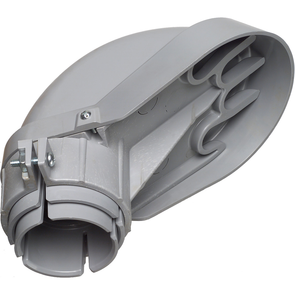 PVC Entrance cap for rigid, IMC, EMT, Rigid PVC. Trade Size 3", 3-1/2" and 4". Mast Size 3", 3-1/2" and 4". Wire Holes two at 1-1/4" and two at 1-5/16".