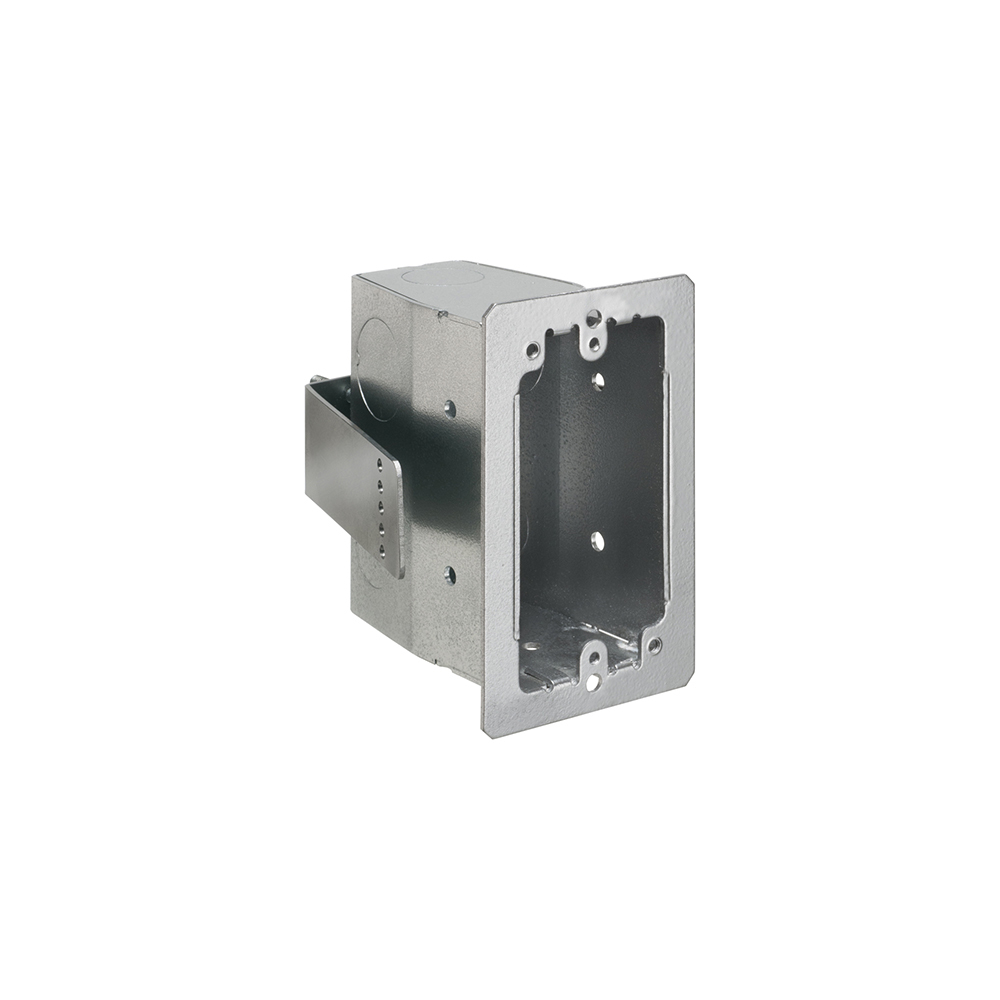 Steel single gang box for concrete block walls. 1/2" and 3/4" knockouts. Spring steel clip holds box securely against walls when screws are tightened. 22.0 cu. in.