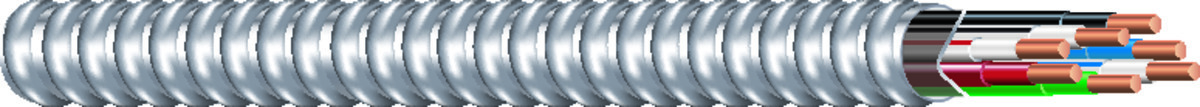 Southwire Armorlite Type MC Cable is constructed with soft-drawn copper  Type THHN/THWN-2 conductors rated 90C dry  and a bare copper grounding conductor for sizes 1/0 AWG and larger. The conductors are cabled together and a binder tape bearing the print legend is wrapped around the assembly. Aluminum interlocking armor is applied over the assembly. Also available in steel. Conductors are black with phase identification. Colors available upon request with economic order quantity.