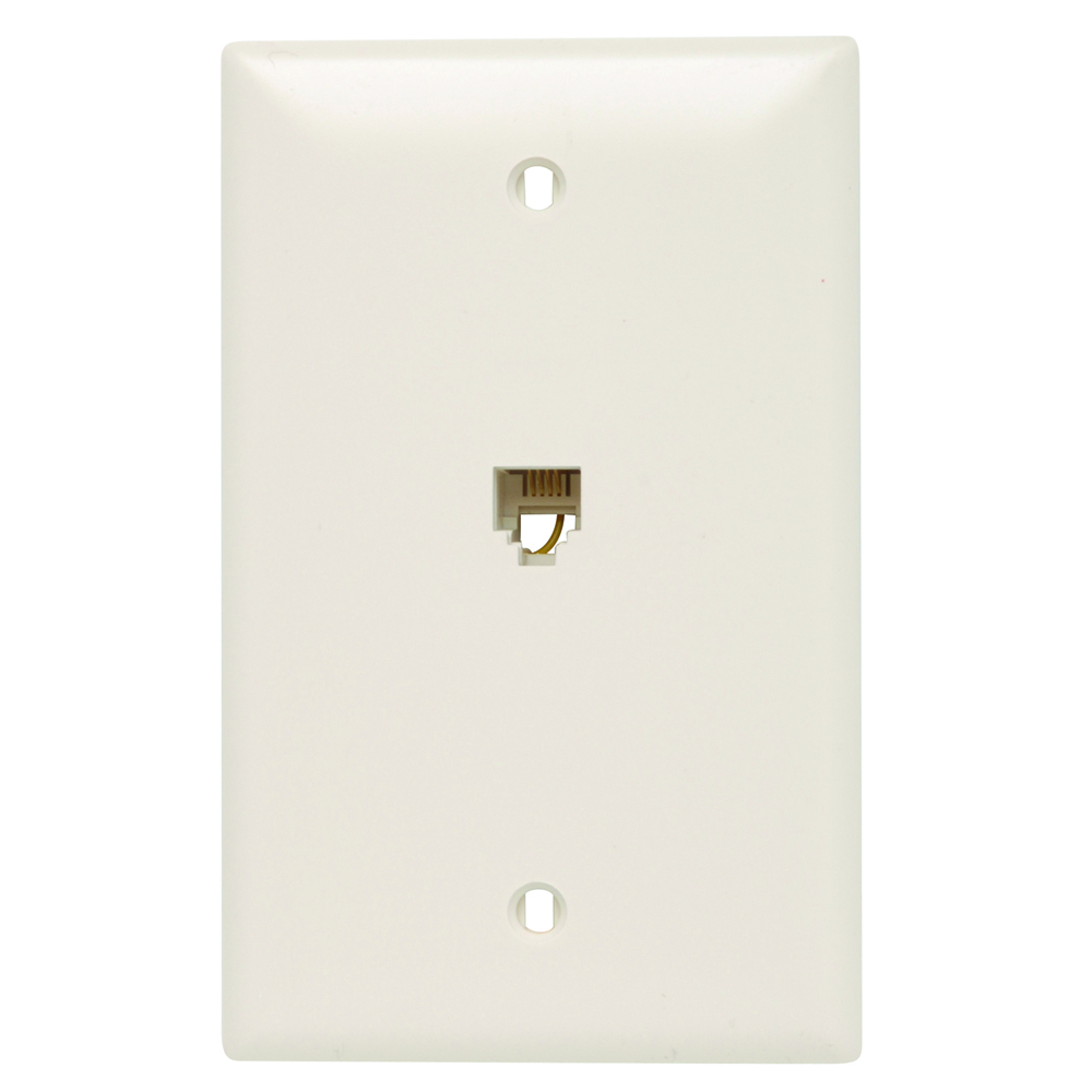 Single gang opening modular four conductor telephone jack with wall plate. Light Almond.