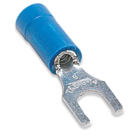 Vinyl-Insulated Fork Terminal, Length .97 Inches, Width .31 Inches, Maximum Insulation .170, Bolt Hole #10, Wire Range #18-#14 AWG, Color Blue, Copper, Tin Plated, Mini-Pack
