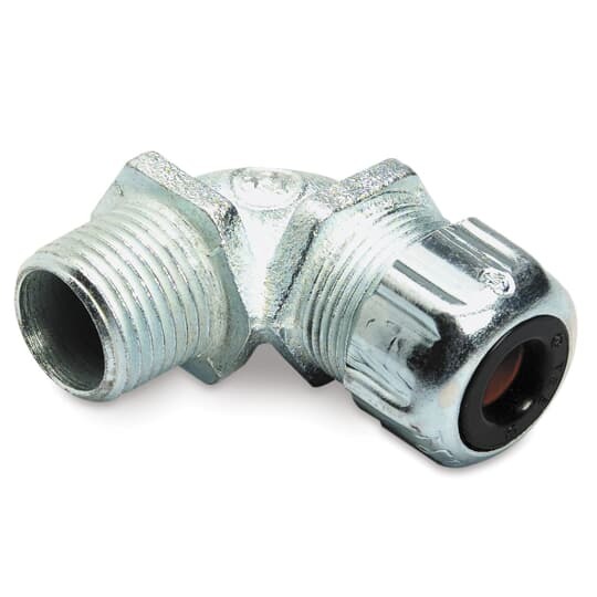 Liquidtight Strain Relief Cord Connector, 1-1/4 Inch, 90 Degree Bend, Meets Coast Guard CG293, Cord Range 1.065 to 1.205 Inch, Malleable Iron