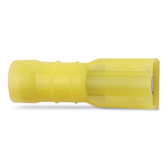 Nylon Fully Insulated Female Disconnect, Length 1.10 Inches, Width .38 Inches, Maximum Insulation .225, Tab Size .250x.032, Wire Range #12-#10 AWG, Color Yellow, Brass, Tin Plated, 500 Pack