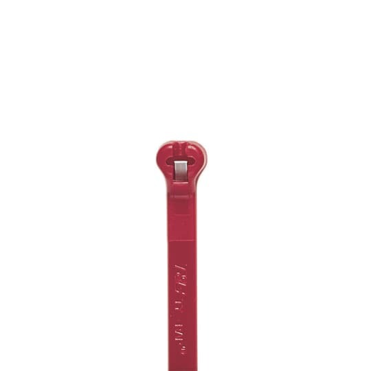 Cable Tie, Red Polyamide (Nylon 6.6) for Temperatures up to 85 Degrees Celsius (185 F) for Indoor Applications, UL/EN/CSA62275 Type 2/21S Rated for AH-2 Plenum and as a Flexible Cable and Conduit Support, Length of 185.67mm (7.31 Inches), Width of 4.9mm (0.19 Inches), Thickness of 1.09mm (0.043 Inches), Tensile Strength Rating of 222 Newtons (50 Pounds), Military Specified (MIL-SPEC MS3367-1-2)
