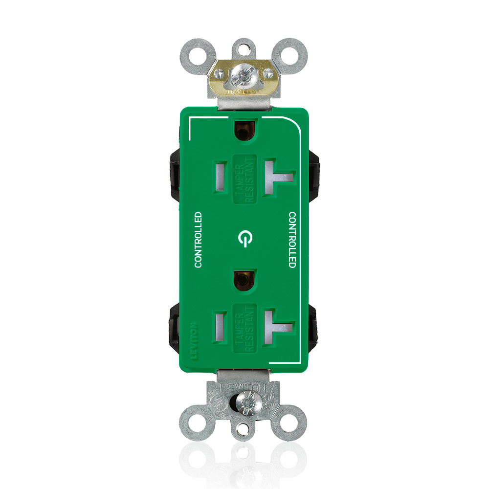 20 Amp, 125 Volt, NEMA 5-20R, 2P, 3W, Lev-Lok Duplex Receptacle, Decora Plus, Two Marked Controlled Outlets, Tamper-Resistant, Straight Blade, Heavy Duty Industrial Specification Grade,Self-Grounding, GREEN