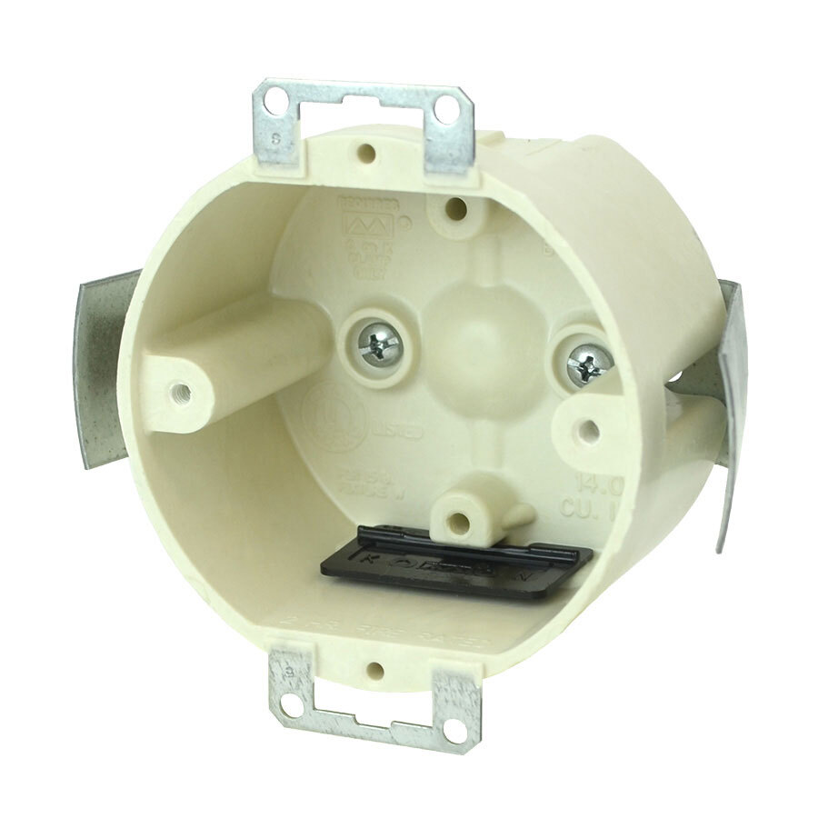 Round Outlet Box; 2 Inch Depth, Thermoset-Fiberglass Reinforced Polyester, 14 Cubic-Inch, Beige/Tan, Snap bracket/metal ears wall compression