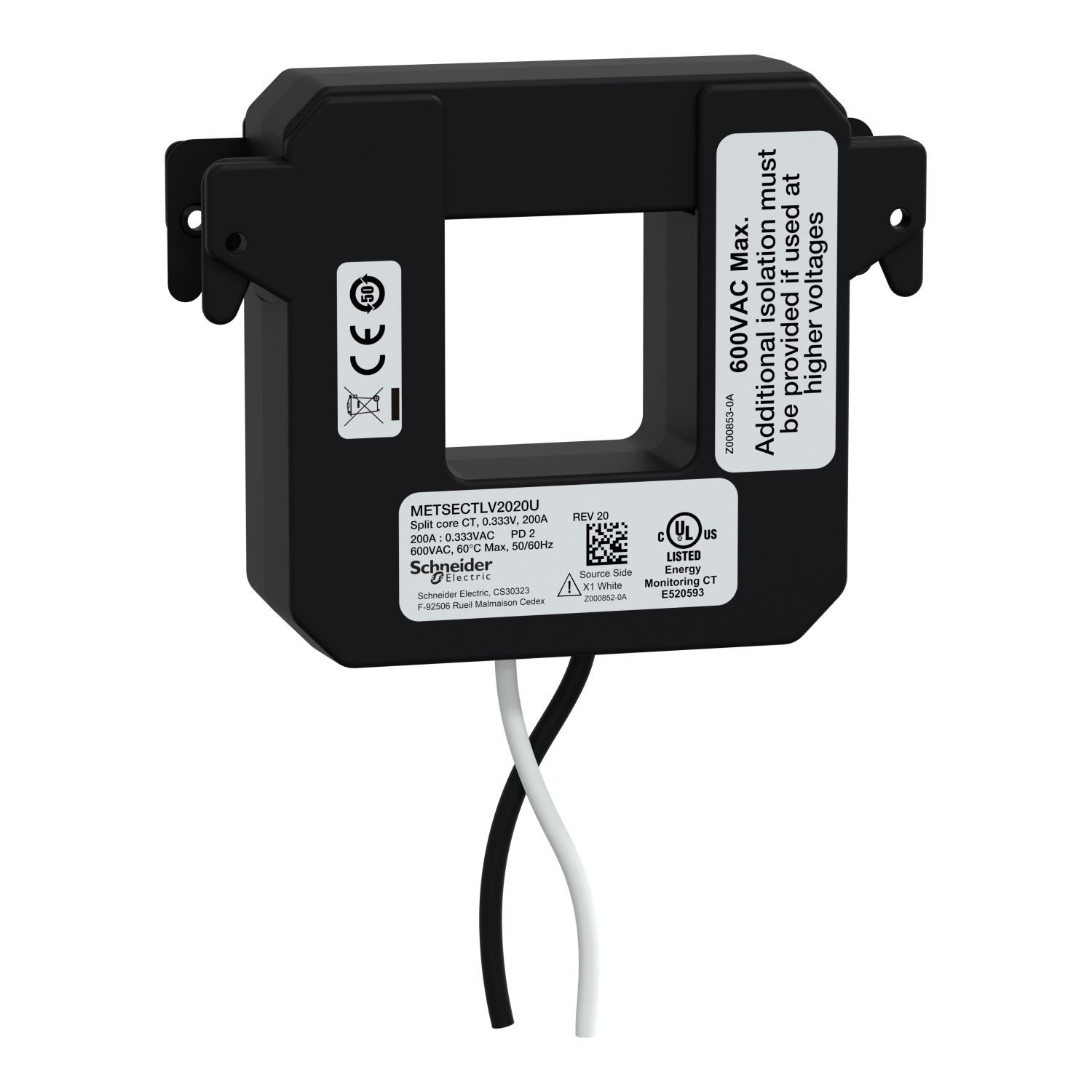 split core current transformer, PowerLogic UL2808 CT, 200A, 0.333V output, 8ft lead