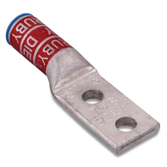 Aluminum Two-Hole Lug, Long Barrel, Blind End, Max 35kV, 3/0 AWG Wire, 1/2 Inch Bolt Size, 1-3/4 Inch Hole Spacing, Tin Plated, Die Code 60, Die Color Code Ruby