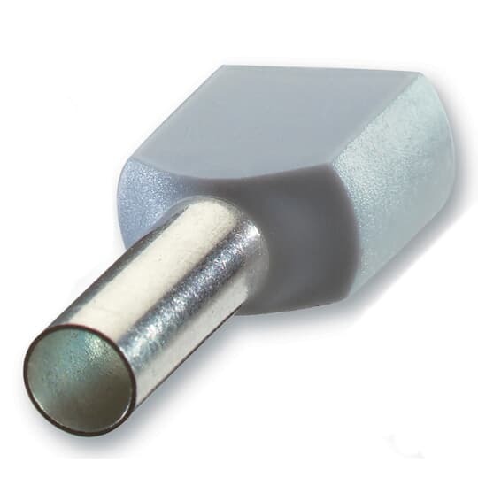 Polypropylene Insulated Twin Ferrule, Length .669 Inches/17mm, Pin Length .394 Inches/10mm, Pin Diameter .071 Inches/1.8mm, Base Diameter .201 Inches/5.1mm, Conductor Range 2x18 AWG/2x0.75mm2, Color Gray, Copper, Tin Plated