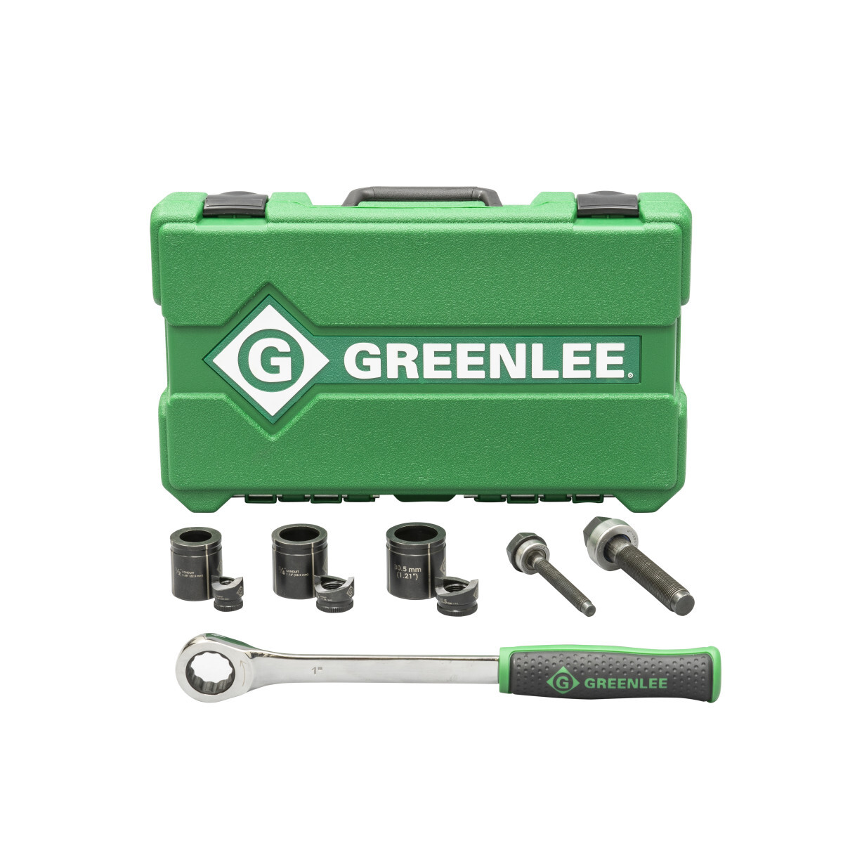 Knockout Kit with Ratchet and SlugBuster 1/2", 3/4" and 30.5 mm.  New Greenlee high-leverage wrench with five-degree ratcheting mechanism, Slug-Buster punch profile splits slugs for easy slug removal. Knurled edge on punches for better grip. Laser markings for quick part identification. Alignment markings for improved accuracy. Easy threading - draw studs with "dog point" tip helps eliminate cross-threading.