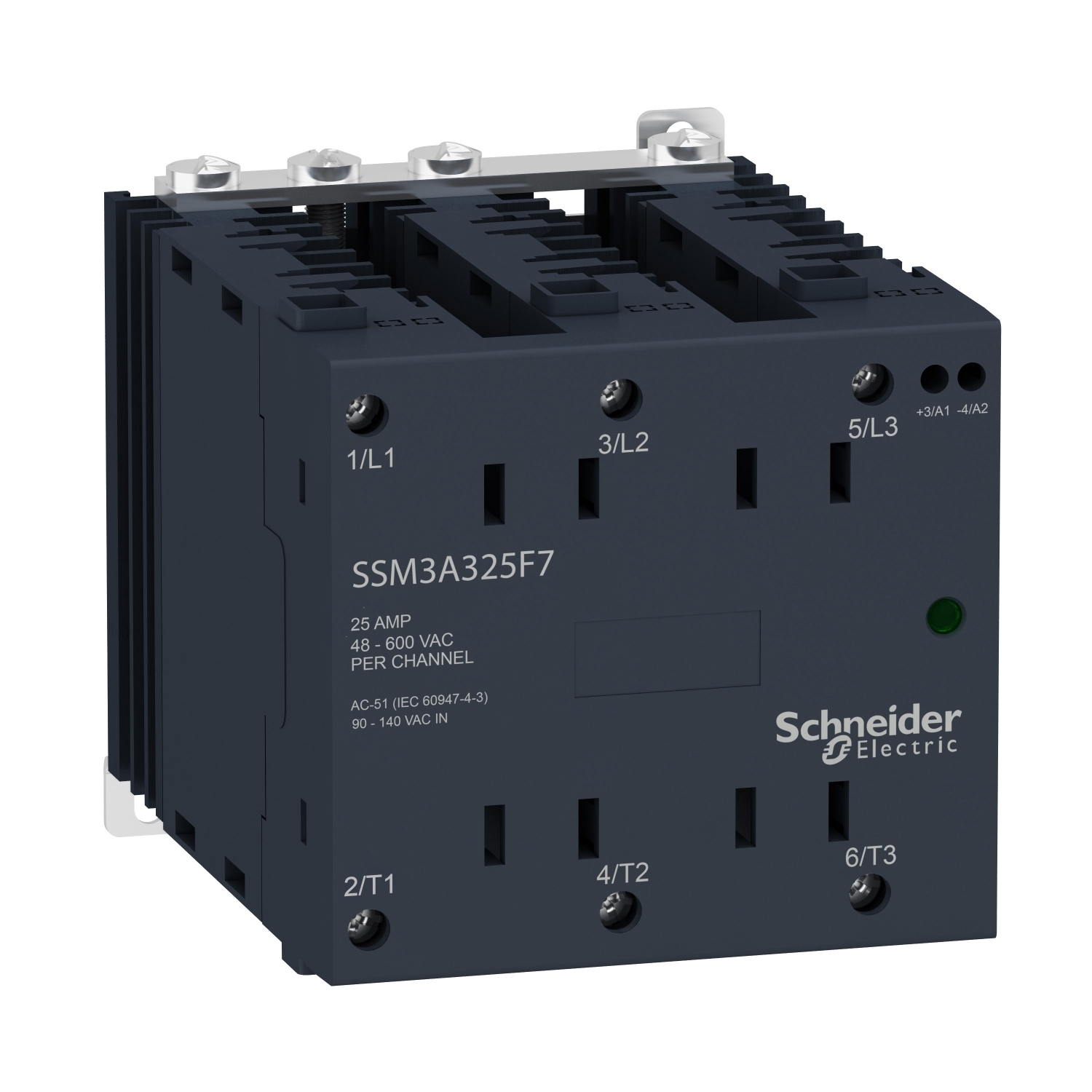 single phase relay, Harmony Solid State Modular Relays, 25A, DIN rail mount, zero voltage switching, input 4 to 32V DC, output 48 to 600V AC