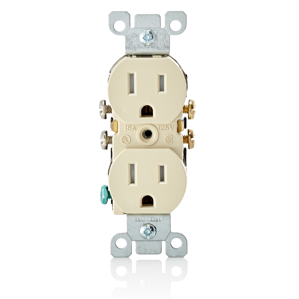 15 Amp, 125 Volt, NEMA 5-15R, 2P, 3W, Duplex Receptacle, Tamper Resistant, Straight Blade, Residential Grade, Grounding, All Screws Backed Out, With Ears, Quickwire Push-In & Side Wired, Steel Strap - Ivory,  2008 NEC Compliant