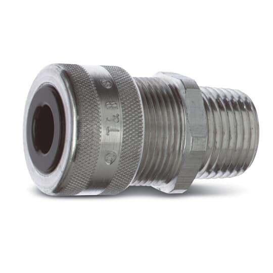 Liquidtight Strain Relief Connector, 1 Inch, Straight, Cord Range 0.500 to 0.750 Inch, Throat Diameter 9/16 Inch, Aluminum Body, Glandnut, and Grip, Rubber Bushing
