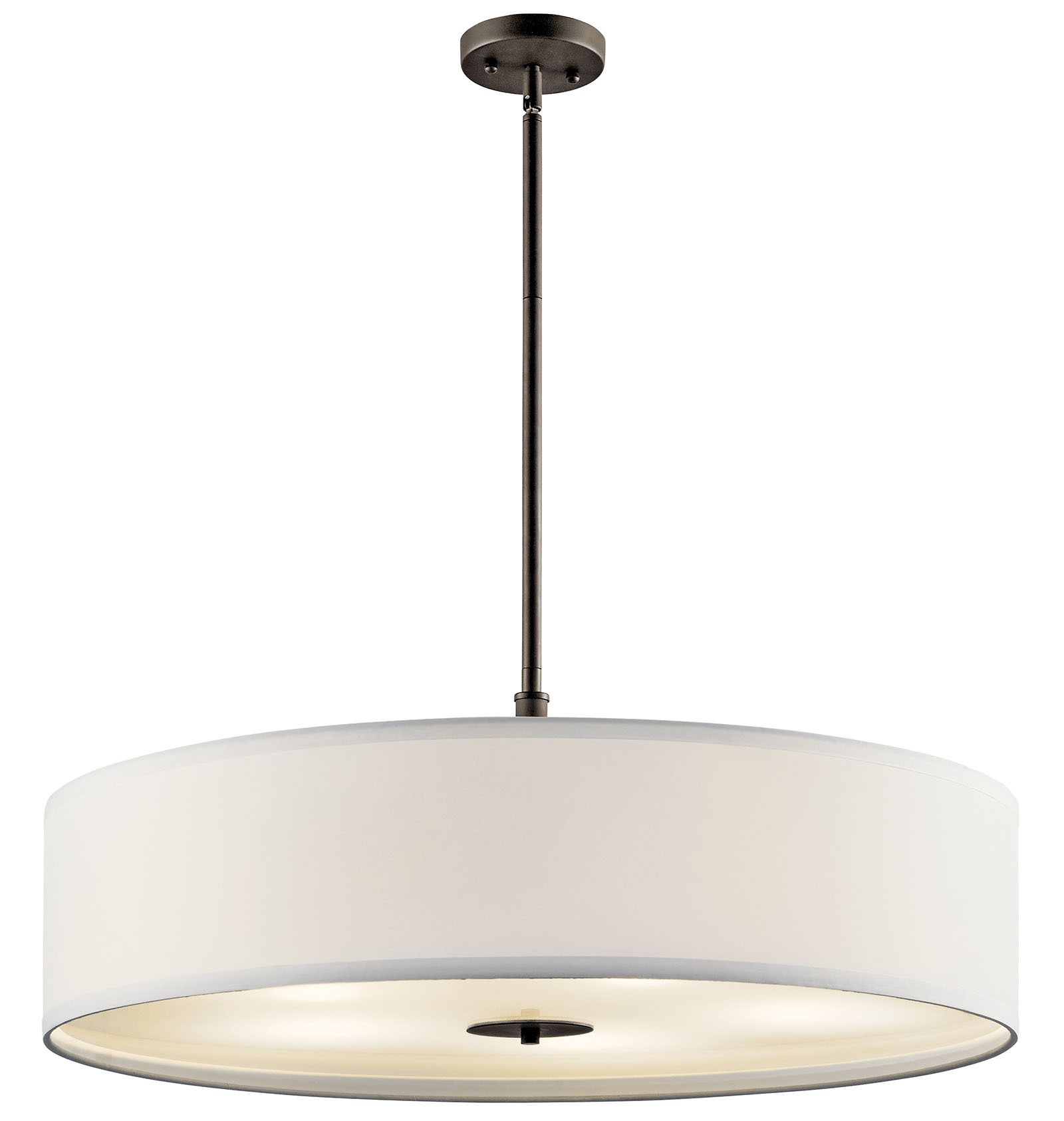 This 5 light transitional pendant features a pleasing drum shape in an Olde Bronze finish and White micro fiber shade.