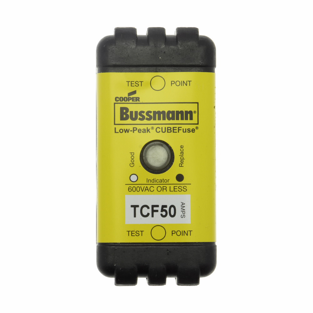 Eaton Bussmann series TCF fuse, Finger safe, 600 Vac/300 Vdc, 50A, 300 kAIC at 600 Vac, 100 kAIC at 300 Vdc, Indicating, Time delay, inrush current withstand, Class CF, CUBEFuse, Glass filled PES