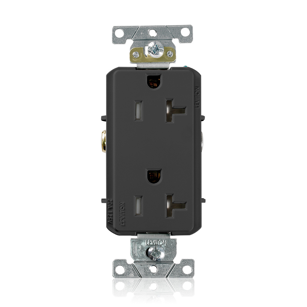 20 Amp, 125 Volt, Tamper Resistant, Decora Plus Duplex Receptacle, Straight Blade, Commercial Grade, Self Grounding, Black