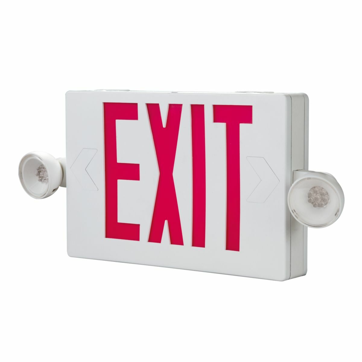 Combo Unit, White Housing, Led-Exit, (2) LED Emergency Light Heads, Universal Face Red Letters